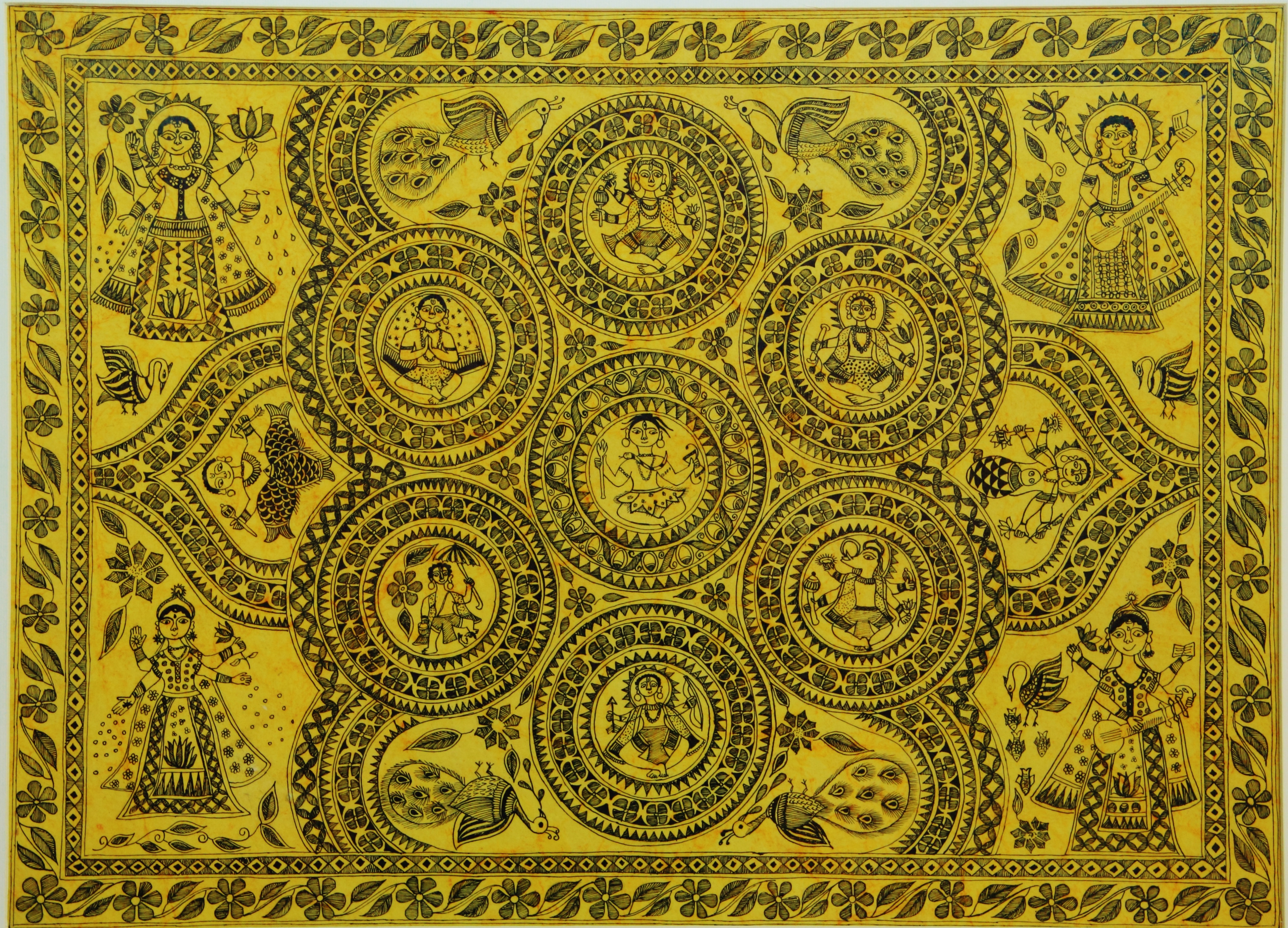 A traditional madhubani painting depicting ten incarnations of God Vishnu